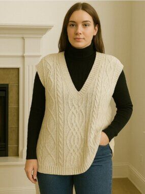 NEW POL Small  Off-White Cable Knit Sweater Vest V-Neck Cotton Blend Tie Back